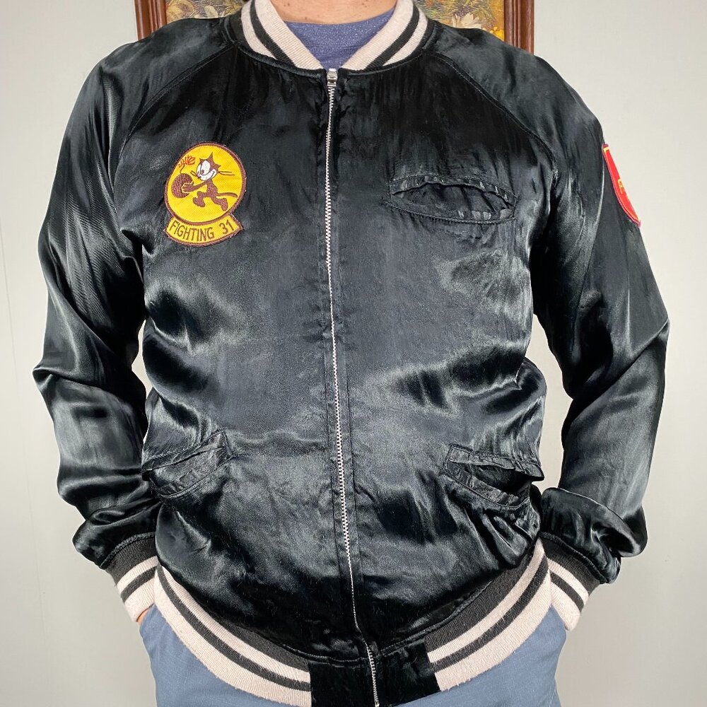 Felix the Cat US NAVY VF-31 Bomber Jacket Men's Medium Black Military Casual